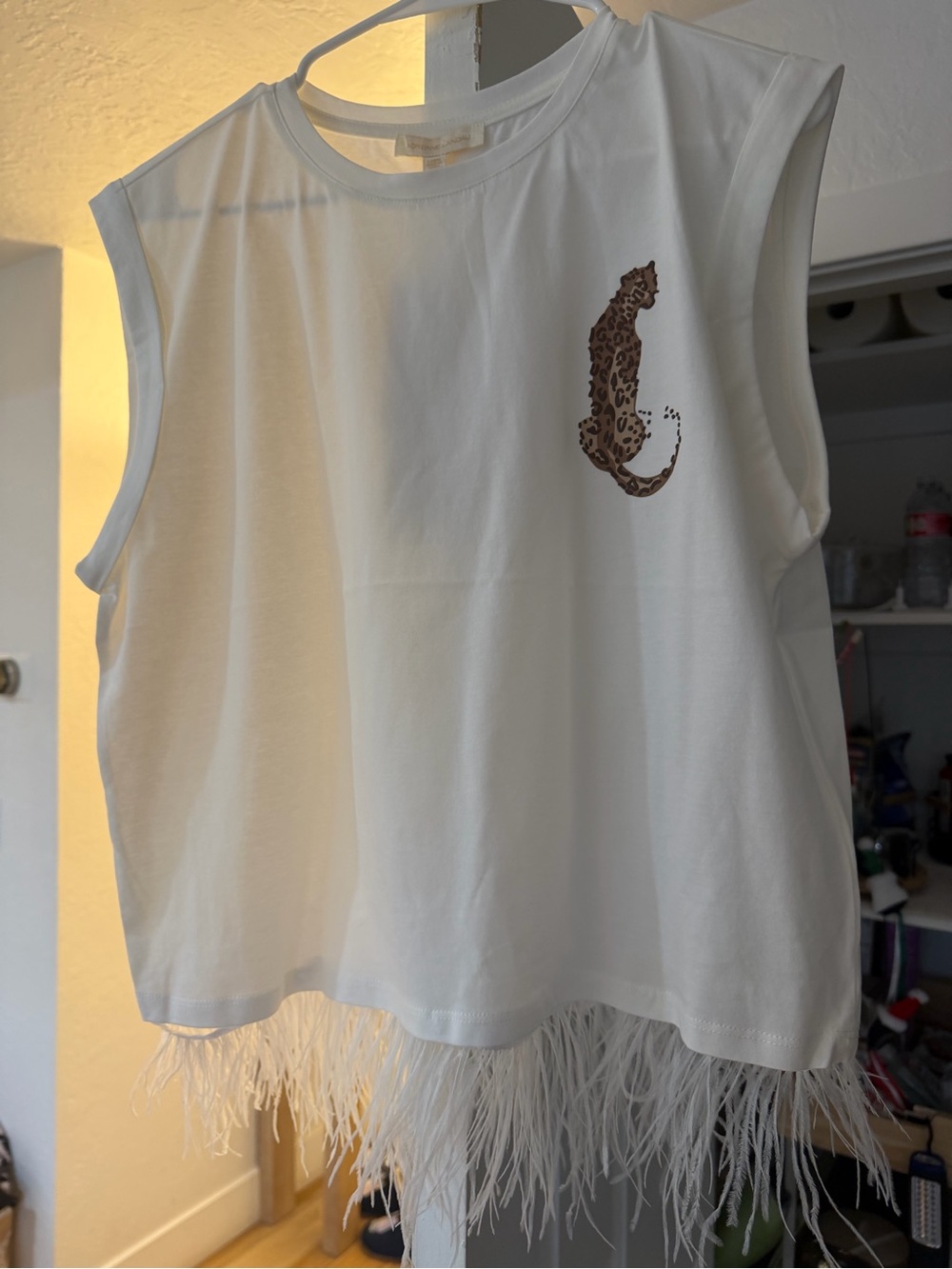Adrienne Landau White Tank Top with Brown Leopard Motif and Feather Hem